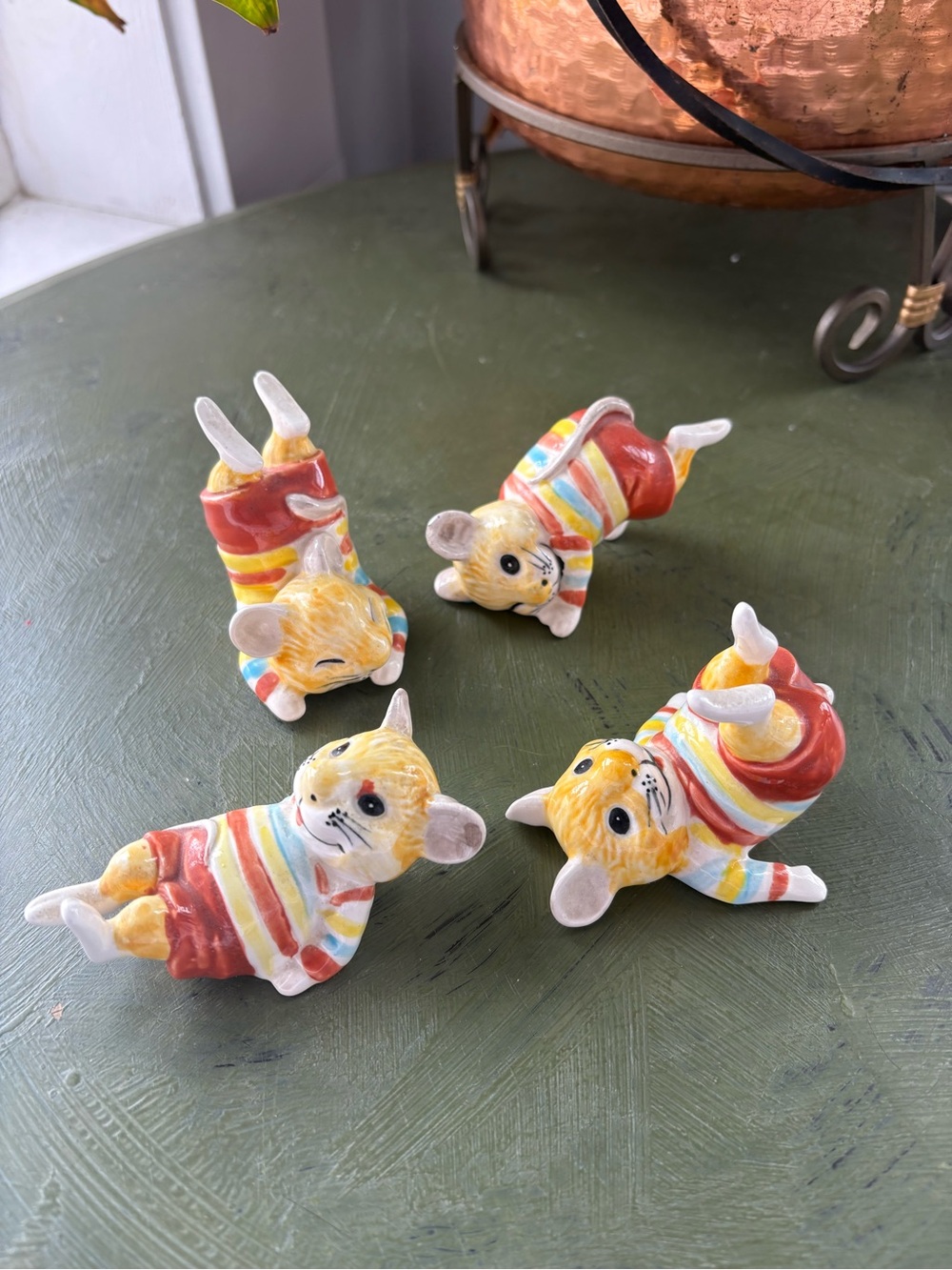 Set of 4 Ceramic Mice Figurines in Multicolor Striped Sweaters